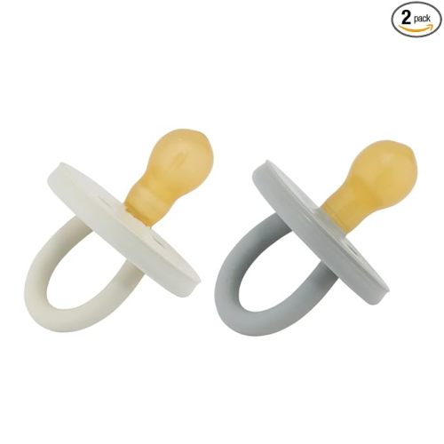 HEVEA Natural Rubber BumiBébé Pacifiers - Newborn 0+ Months - Round Teat Shape - Two-Pack - Dove Grey & Sage