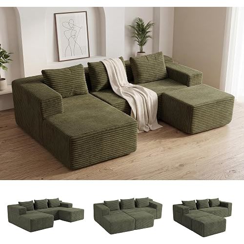 Modular Sectional U-Shaped Sofa with Deep Seat, Modern Boneless Comfy Corduroy Fluffy Couch with Side Pockets and Anti-Slip & Floor-Friendly Bottom for Living Room, No Assembly, Green