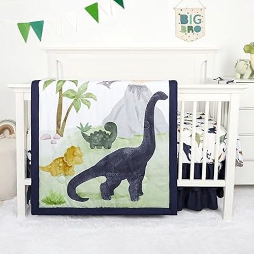 4-Piece Crib Bedding Set, Baby Nursery Bedding Sets for Boys Includes Comforter, Fitted Crib Sheet, Crib Skirt, and Diaper Stacker, Soft Standard Size Crib Comforter Set Blue, Dinosaur