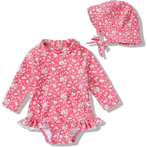 Infant Baby Girl Swimsuit One-Piece Long Sleeve Rash Guard with Hat Set Floral Zipper Bathing Suit Leopard Beach Wear