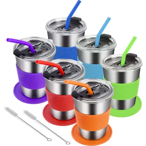 Kids Cups with Lid and Straw- 6 Packs 12Oz Stainless Steel Cups for Kids– Leakproof Closed Buckles Kids Tumblers– Comfortable and Safe Sippy Cups- Spill Proof Toddler Cups