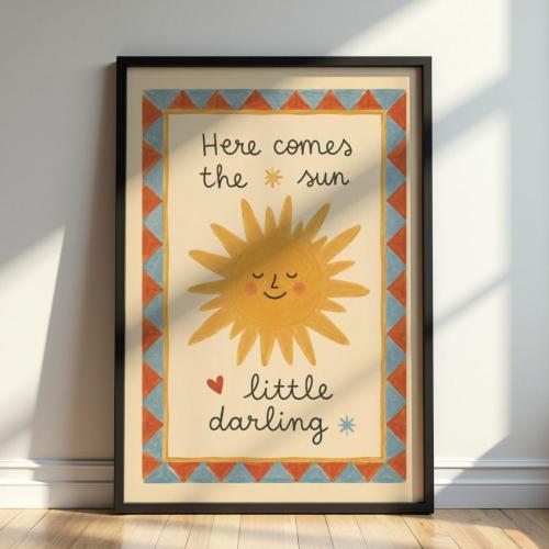 Here Comes The Sun Little Darling Nursery Wall Art Print, Sunny Boho Kids Room Decor, Cheerful Retro Sun Poster, Cute Nursery Decor