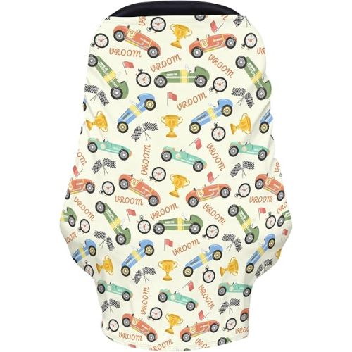 Retro Racing Baby Car Seats Covers Race Car Vehicle Multi-Use Carseats Canopy for Babies Colorful Racecars Stretchy Infant Carseats Cover for Babies Boys Girls Shower Gifts