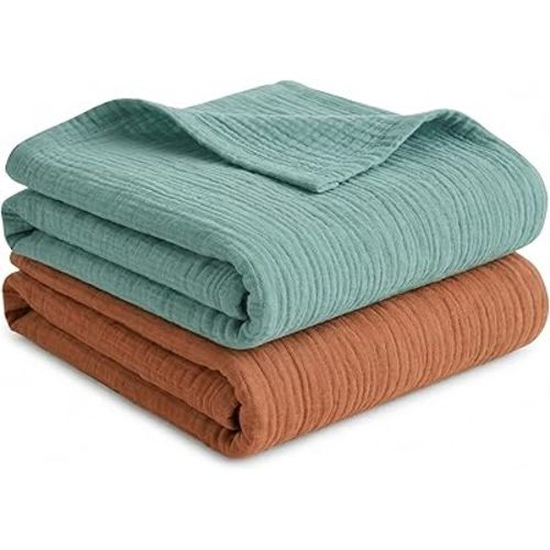 Muslin Swaddle Blankets for Boys Girls, 2 Pack Receiving Baby Blanket Large 47 x 40 inches, Soft Breathable Swaddling Wrap for Unisex Newborn (Brown, Green)