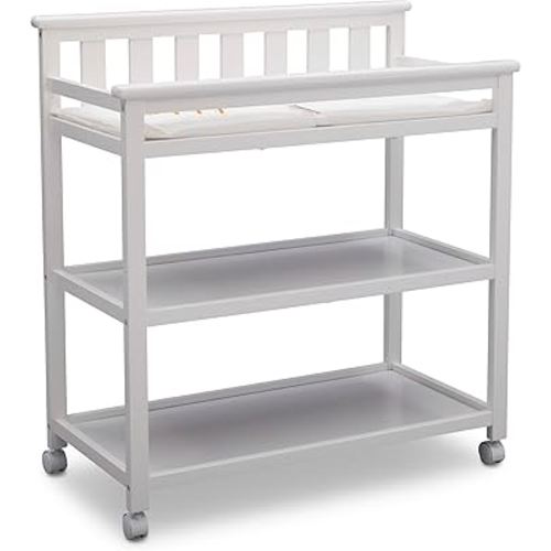 Delta Children Flat Top Changing Table with Wheels and Changing Pad - Greenguard Gold Certified, Bianca White