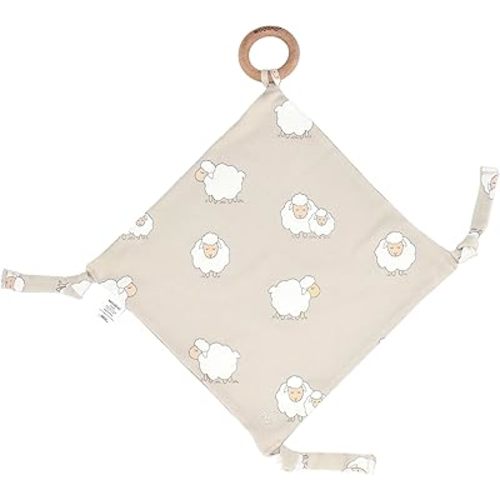Woolino Baby Lovey Security Blanket – Merino Wool & Organic Cotton Comfort Blanket with Wooden Teething Ring - Sheep