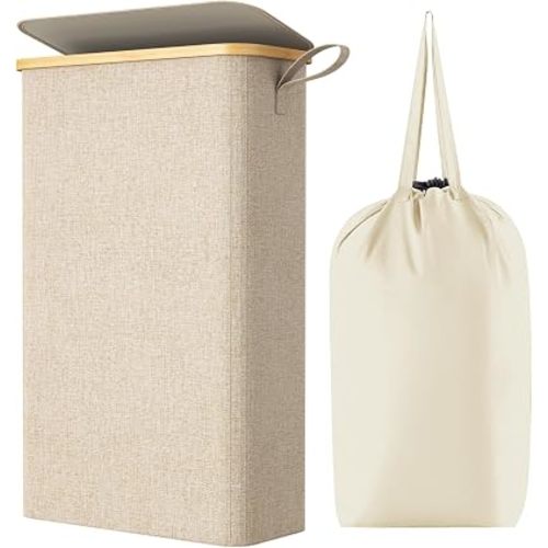Lifewit 65L Slim Laundry Hamper with Lid, Narrow Laundry Basket with Removable Bag & Bamboo Handles, Fodable Thin Dirty Clothes Hamper for Laundry Collapsible Bin for Bathroom Bedroom Dorm, Beige