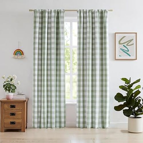 84 Inch Sage Green Buffalo Plaid Full Blackout Curtains,Farmhouse Living Room Bedroom Panels,Darkening Thermal Insulated Double-Layer Drapes,Rod Pocket Back Tabs,40" Wx84 Lx2