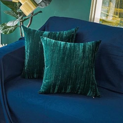 Throw Pillow Covers 18x18 Inch 2 Pack Luxurious Solid Crepe Velvet Square Decorative Pillow Cases for Farmhouse Square Cushion Case for Home Sofa Couch Decor, Peacock Green