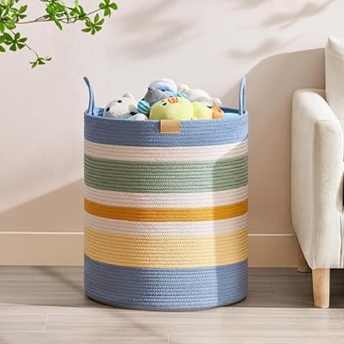 80L Laundry Hamper Basket,Baby Nursery Woven Storage Basket for Toys Bin,Pillows,Blankets,Clothes,Colorful Stripe