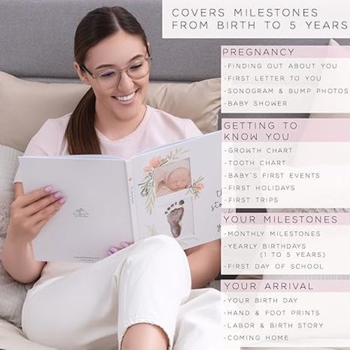 Baby Memory Book for the Modern Minimalist - Simple Baby Book for Girl - First Years Journal - Monthly Milestone Keepsake Record Book - Pregnancy Gift for Baby Shower (Pink)