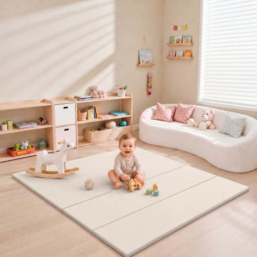 47" x 47" x 1.2" Foldable Baby Play Mat, Waterproof Foam Crawling & Tummy Time Mat, Thick Soft Playmat for Indoor Outdoor Use,Beige