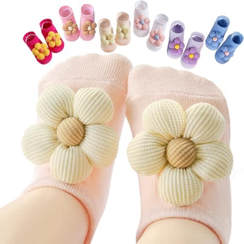 Aroveea Baby Toddler Girl Socks 6 Pairs Non Slip,Newborn Grip Flower Cotton Cute Ankle Socks for Babies Girl 0M-3Years