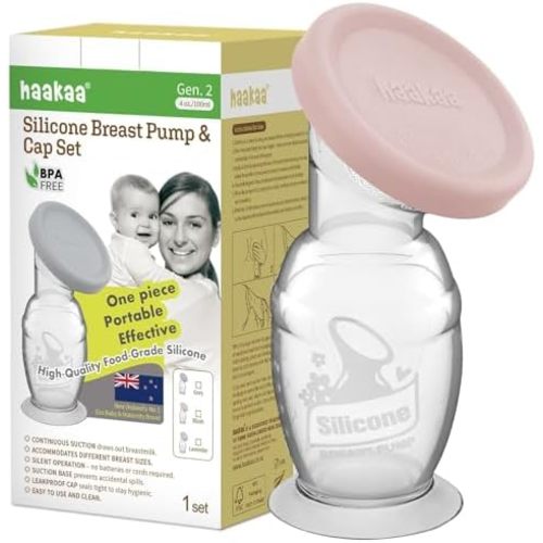 Haakaa Manual Silicone Breast Pump with Base 4oz/100ml+Lid (Blush), Gen.2