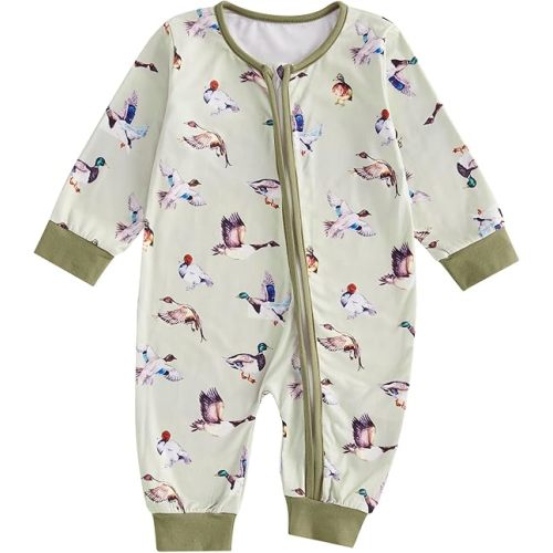 Biayxms Infant Baby Boy Girl Mallard Duck Romper Jumpsuit Long Sleeve Zip Up Duck One Piece Overalls Hunting Baby Clothes