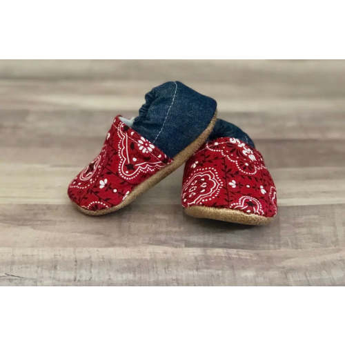 Red paisley denim print baby moccasins
