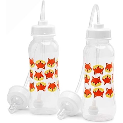 Hands-Free Baby Bottle - Anti-Colic Nursing System 9 oz Baby Bottle with Fast Flow Nipple/Teat 3m+ with Tube Straw Feeding System for Toddler (2 Bottles - Fox)