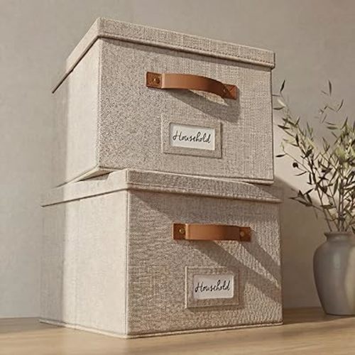 ZICOTO Decorative File Organizer Box Set of 2 - Collapsible Linen Filing Cabinets w/Handles Are Perfect to Store all Your Documents & Hanging File Folders - Portable Easy Slide Crates with Lid