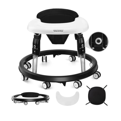 Baby Walker with Wheels, One-Touch Folding Anti-Roll 8-Wheel Baby Walkers, 7-Speed Height Adjustment with Large Dinner Plate and Brake 6-18 Months Baby Walker, Black