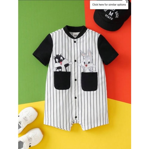 LOONEY TUNES X SHEIN Baby Boy Cartoon Cute Casual Black White Striped Print Short Sleeve Romper for Sale Australia| New Collection Online| SHEIN Australia