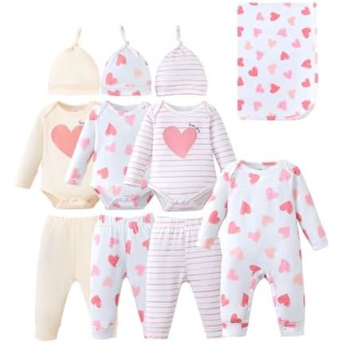 Renotemy Baby Girl Newborn Essentials Clothes 11-Piece Layette Set with Bodysuits, Pants, Hats, Blanket-Infant Gift Outfits