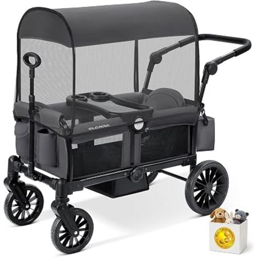 ELEMARA Foldable Wagon Stroller, Stroller Wagon for 2 Kids, Premium All Terrain Wagon for Kids with Removable Canopy, Adjustable Push/Pull Handle, Harnesses, Large Storage Bag, Gray