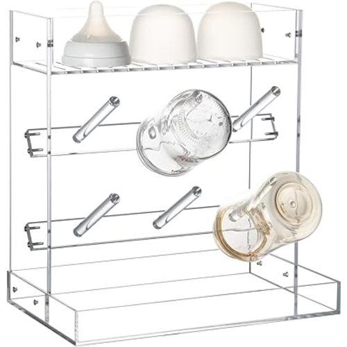 Acrylic Clear Baby Bottle Drying Rack with 2 Tiers – Space-Saving Vertical Baby Bottle Holder Organizer – Countertop Bottle Dryer Stand for Pacifiers, Pump Parts, Sippy Cups