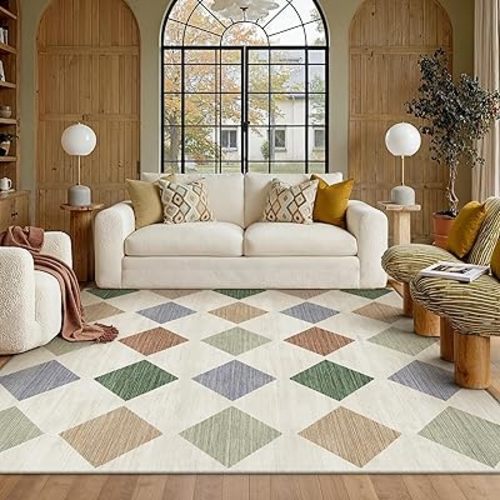 5x7 Checkered Area Rugs for Living Room Colorful Machine Washable Large Rug Non-Slip Stain Resistant Low Pile Boho Accent Indoor Throw Carpet for Office Bedroom Dining Room Classroom