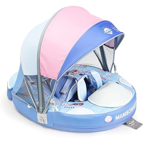 Mambobaby Baby Float with Canopy & Tail Non-Inflatable Baby Swim Float Upgrade Soft Infant Pool Float Sun Protection Newborn Pool Float 3-24 Months Skin-Friendly Material for Toddler Boys Girls