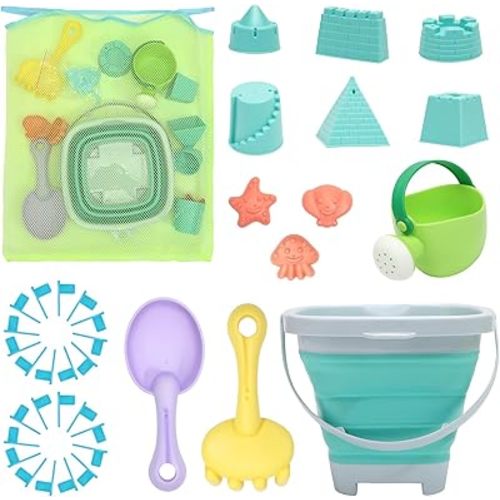 RACPNEL Beach Toys Sand Set for Kids, Collapsible Bucket and Shovels with Mesh Bag, Molds, Flags, Sandbox Kids Toddlers, Travel (Tavel Size)