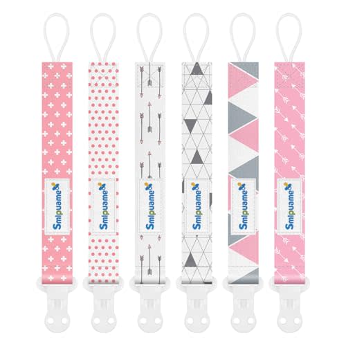 Smlpuame Pacifier Clip Girl,6 Pack Stylish Binky Clips Strap for Baby Girls,Paci Holder with Clip Lightweight Universal Fits Most Pacifiers Teether Toy Teething Ring Soothie,Baby Gifts(Pink & Grey)