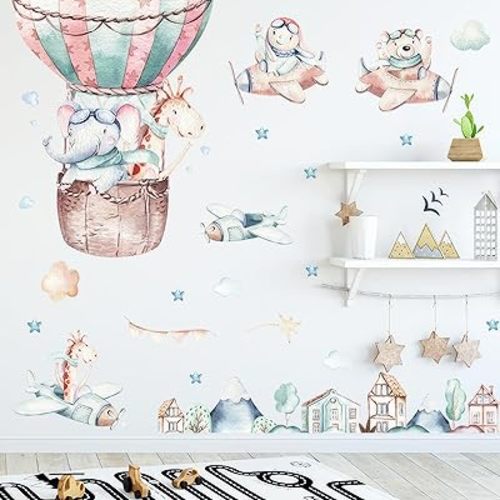 Flying Animals Wall Decals - Watercolor Peel and Stick Hot Air Balloon & Airplanes Wall Stickers - Aircrafts Decor for Baby Nursery, Toddler & Kids Bedroom Walls - Elephant, Giraffe, Bear