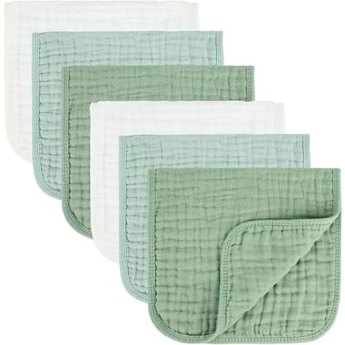 Baby Burp Cloth 100% Cotton Newborn Cotton Muslin Burp Cloth 10x20 inches (White & Green 6 Pieces)