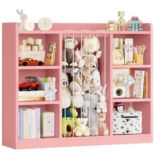 ONBRILL 2-in-1 Toy Storage Organizer with Stuffed Animal Storage, Pink | Kids Bookcase with 6 Cube Storage, Kids Bookshelf for Kids Room Playroom Bedroom, Rounded Corners & Anti-Tip