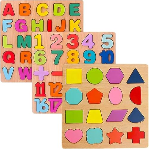 Wooden Puzzles for Toddlers 3-5, Boys & Girls, Montessori Toddler | 3 in 1 Wooden Puzzle, Alphanumeric Graphics Cognitive, for toddlers 3-5 make, natural wood, gift for a birthday