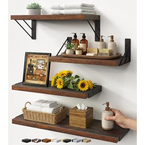 BAYKA Wall Shelves for Bathroom Decor, Wood, Rustic Brown, Set of 4, 16in | Floating Shelves for Living Room Kitchen Storage, Mounted Rustic Wood Shelves for Kids Books, Corner Shelf for Bedroom