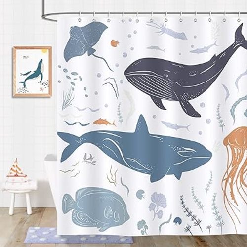 Bonhause Whale Shower Curtain, Ocean Cute Fish Jellyfish Animal Bathroom Decor for Kids 72 x 72 Inch Polyester Fabric Waterproof Bath Curtain with 12 Hooks