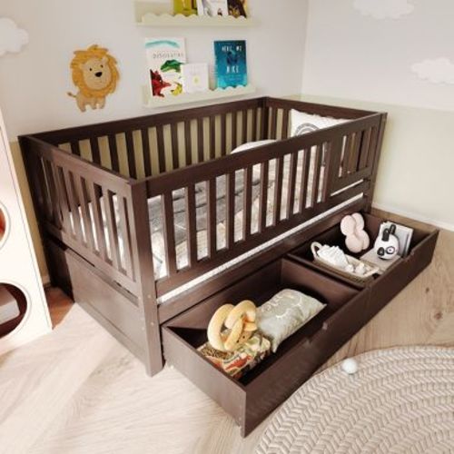 ModernLuxe 3-in-1 Convertible Crib Toddler Bed to Kids Daybed, Pine Wood Transition Bed Frame with 2 Drawers & Removable Guardrails, Espresso