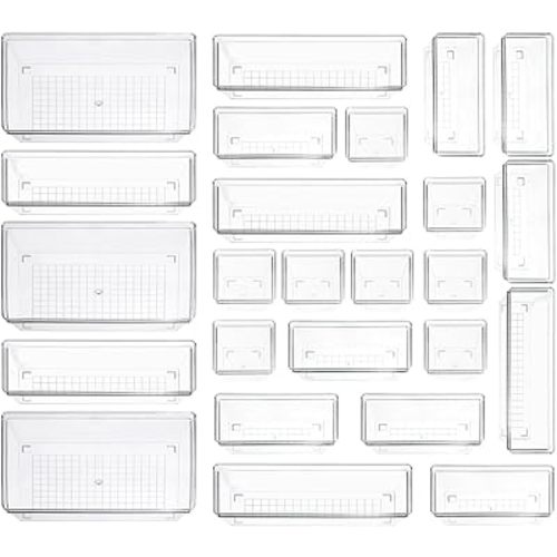 Clear Plastic Drawer Organizer Storage - 25Pcs 4 Size Desk Bathroom Kitchen Organizers and Accessories Office Organization, Vanity Stackable Drawers Bins Trays Containers Dividers Makeup Sets