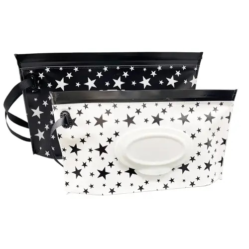 Portable Refillable Wet Wipe Pouch, Reusable Travel Wipes Holder & Case, Lightweight Flushable Diaper Wipes Container for Baby (Black & White Star)