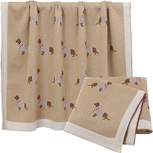 Opewod Baby Blanket Knitted 100% Cotton Soft Blankets for Newborn Boy Girls Cute Dog Dachshund 30x40 inches Ligth Coffee