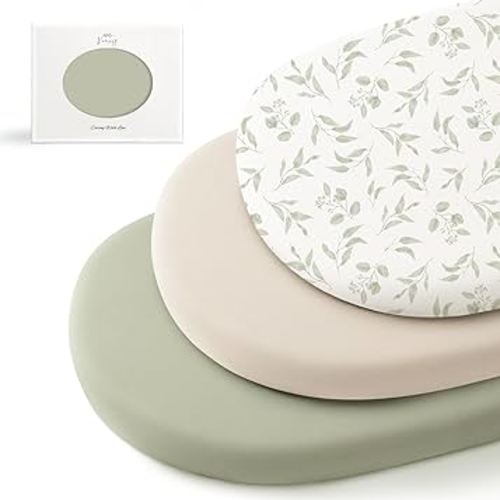 Konssy 3 Pack Stretchy Bassinet Sheets for Baby Girl Boy, Soft Breathable Baby Bassinet Mattress Sheets Fit for Hourglass Oval Cradle, Moses Basket Rectangle Mattress (Green Leaves)