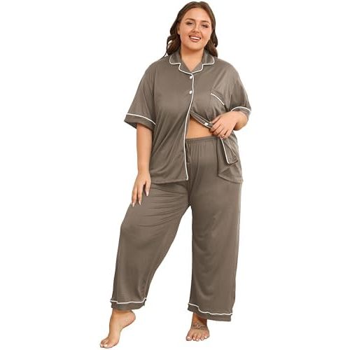 Vozanet Women's Plus Size Pajamas Button Down Shirt and Pants Soft Lounge Sets Bride Nighty Bottom with Pockets 1x to 5x