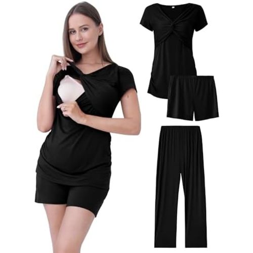 Maternity Nursing Pajamas Set 3PCS, Breastfeeding Tops, Adjustable Shorts & Pants, Postpartum Hospital Bag Essentials