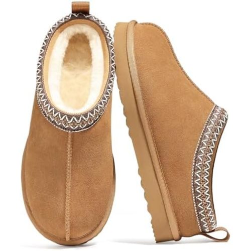 Genuine Suede Fuzzy Slippers for Women Winter Warm House Shoes Cozy Mini Boots for Indoor Outdoor