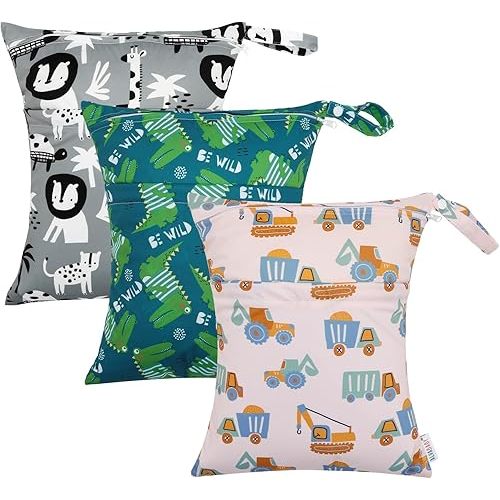 ALVABABY 3pcs Cloth Diaper Wet Dry Bags Waterproof Reusable with Two Zippered Pockets Travel Beach Pool Daycare Soiled Baby Items Yoga Gym Bag for Swimsuits or Wet Clothes 3L-ZM16A