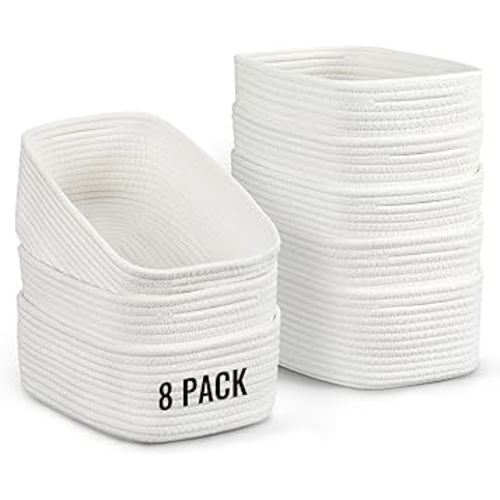 8 Pack Small Storage Baskets for Organizing, Woven Rope Bins for Bathroom, Closet, Shelf Organizer, Cute Cube Decorative Box for Towels, Baby Nursery, Toys, Gift Empty Baskets - 11.5"x7.5"x4.7"-White