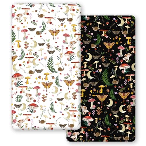 Horaldaily 2 Pack Fitted Crib Sheet for Boys Girls,Soft Breathable Washable Jersey Microfiber Baby Crib Sheet, Fits Standard Size Crib Mattress 28in x 52in, Mushroom Planting Nursery Sheet Black/White