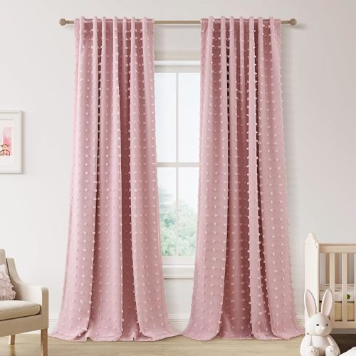 Hokibero 100% Blackout Pink Curtains for Girls Bedroom 90 Inches Long Back Tab Room Darkening Privacy Window Drapes with Hot Pink Pom Pom Sheers 2 Panels Cute Curtain for Dining Room Nursery 52x90