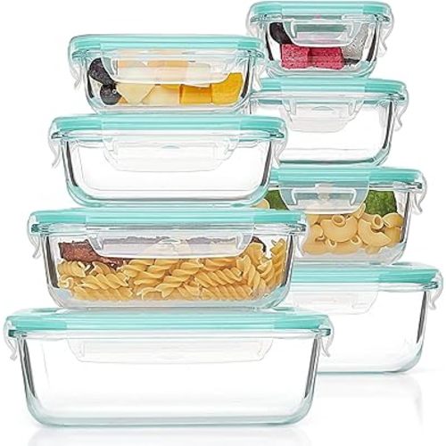Vtopmart 8 Pack Glass Container Food Storage, Glass Meal Prep Containers with Lids, Airtight Lunch Boxes with Leak Proof Locking Lids, for Microwave, Oven, Freezer and Dishwasher, Green